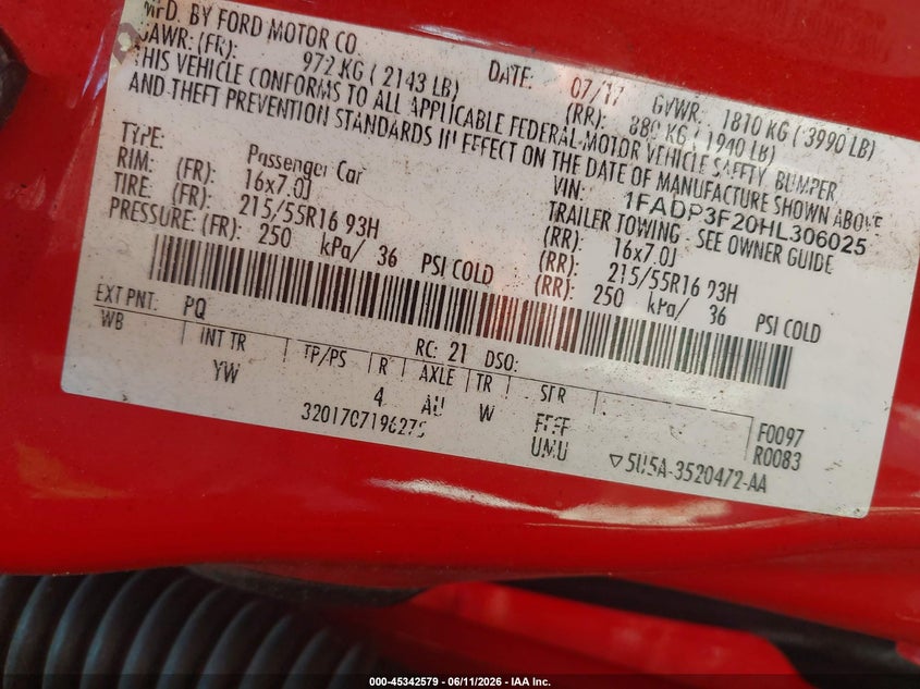 2017 Ford Focus VIN 1FADP3F20HL306025 IAAI salvage auction — TRANSMISSION, Clear (South Carolina), sold $300 on 2026-07-20 (photo 9)