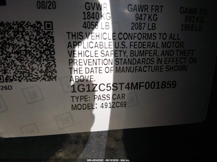 2021 Chevrolet Malibu VIN 1G1ZC5ST4MF001859 IAAI salvage auction — SIDE, Sf97 (California), sold $8,100 on 2026-07-28 (photo 9)