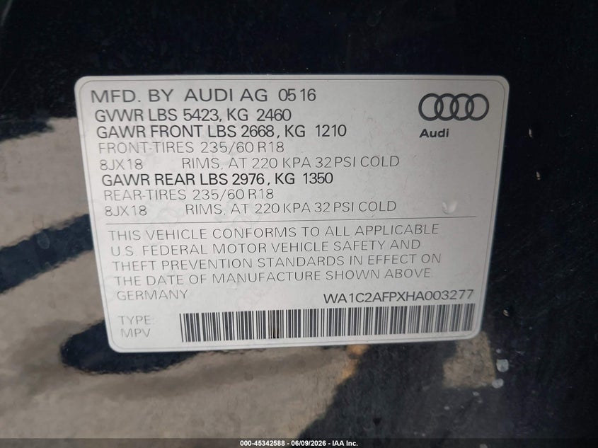 2017 Audi Q5 VIN WA1C2AFPXHA003277 IAAI salvage auction — LEFT SIDE, Salvage (California), sold $2,100 on 2026-07-15 (photo 9)