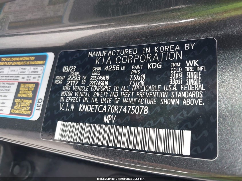 2024 Kia Seltos VIN KNDETCA70R7475078 IAAI salvage auction — FRONT & REAR, Certificate Of Destruction (Florida), sold $3,825 on 2026-07-28 (photo 4)