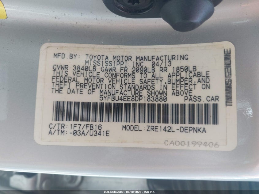 2013 Toyota Corolla VIN 5YFBU4EE8DP183880 IAAI salvage auction — NORMAL WEAR, Salvage Title, sold $1,900 on 2026-07-08 (photo 9)