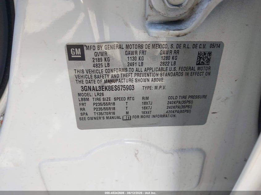 2014 Chevrolet Captiva sport VIN 3GNAL3EK8ES675903 IAAI salvage auction — LEFT REAR, Clear (Wisconsin), sold $925 on 2026-07-09 (photo 9)