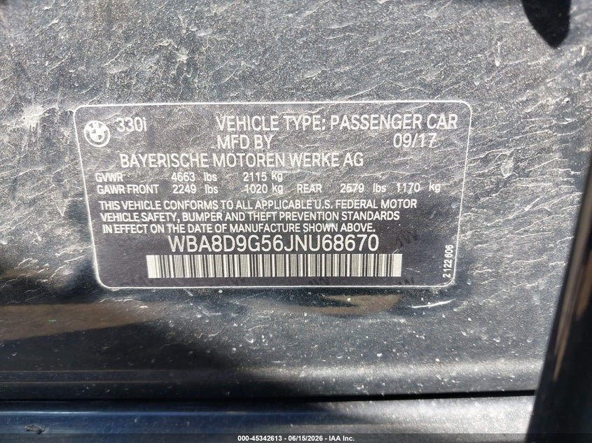 2018 BMW 3er VIN WBA8D9G56JNU68670 IAAI salvage auction — RIGHT SIDE, Salvage (Ohio), sold $3,000 on 2026-07-14 (photo 9)