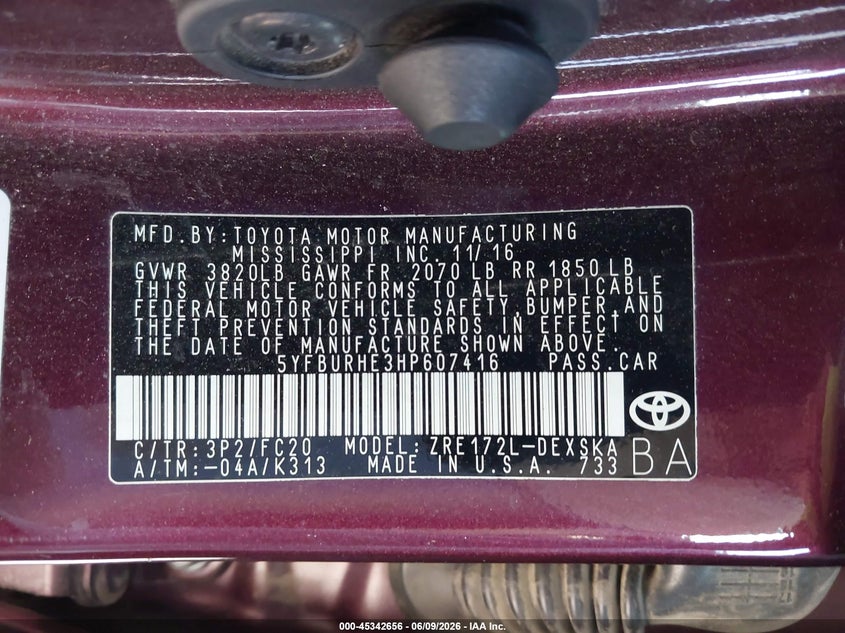 2017 Toyota Corolla VIN 5YFBURHE3HP607416 IAAI salvage auction — FRONT END, Salvage (California), sold $2,300 on 2026-07-09 (photo 9)