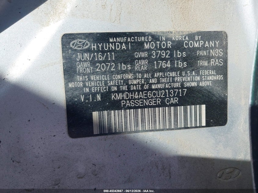 2012 Hyundai Elantra VIN KMHDH4AE6CU213717 IAAI salvage auction — NORMAL WEAR, Clear (Minnesota), sold $225 on 2026-07-14 (photo 9)