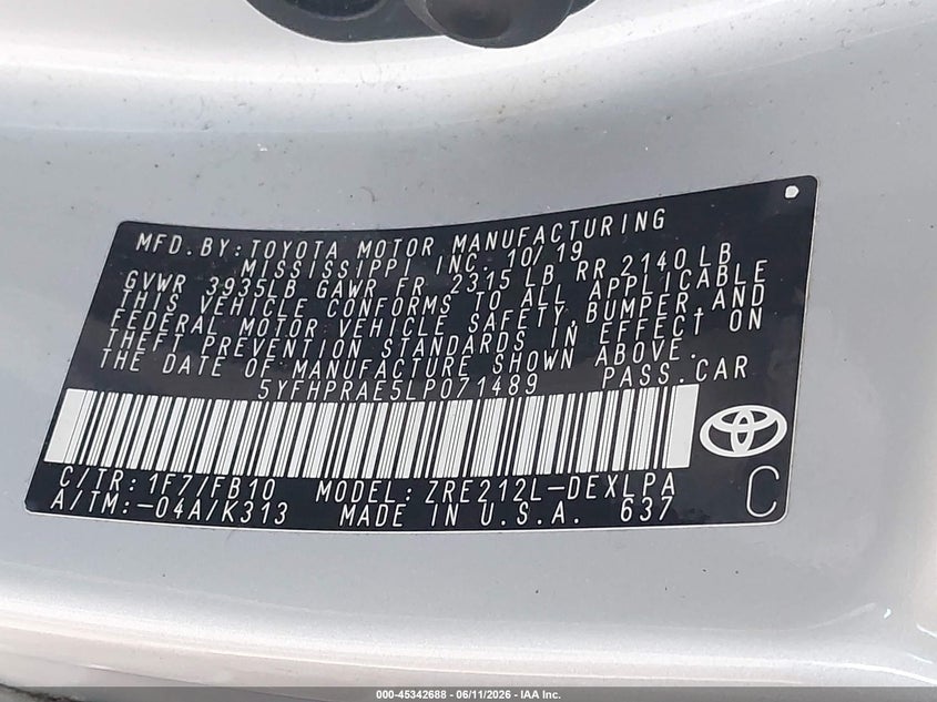2020 Toyota Corolla VIN 5YFHPRAE5LP071489 IAAI salvage auction — BIO HAZARD, Bill Of Sale (Washington), sold $50 on 2026-07-22 (photo 9)
