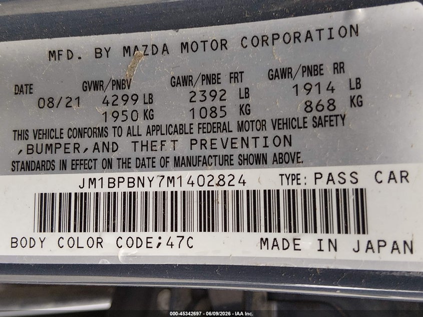 2021 Mazda 3 VIN JM1BPBNY7M1402824 IAAI salvage auction — NORMAL WEAR, Salvage Title, sold $2,025 on 2026-07-08 (photo 9)