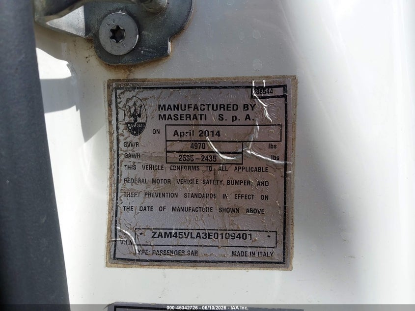 2014 Maserati Granturismo VIN ZAM45VLA3E0109401 IAAI salvage auction — FRONT END, Salvage Title, sold $25 on 2026-08-06 (photo 9)