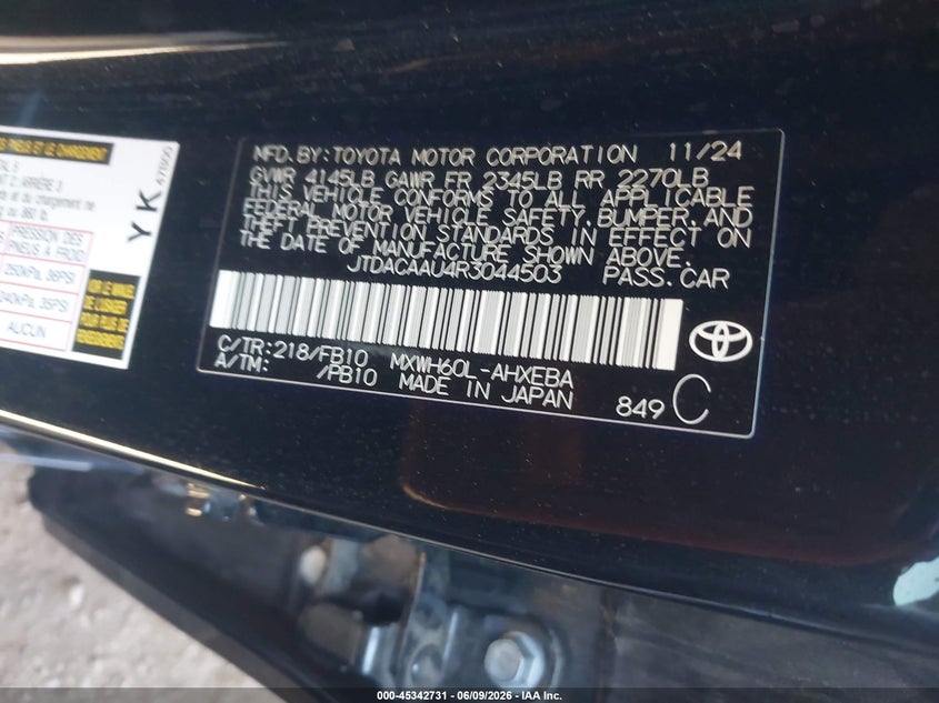 2024 Toyota Prius VIN JTDACAAU4R3044503 IAAI salvage auction — UNKNOWN, Salvage (Arizona), sold $13,450 on 2026-07-14 (photo 9)
