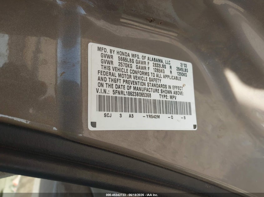 2003 Honda Odyssey VIN 5FNRL18623B065368 IAAI salvage auction — REAR END, Original (Texas), sold $25 on 2026-07-09 (photo 9)
