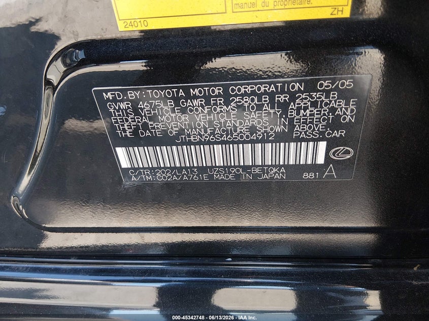 2006 Lexus Gs 430 VIN JTHBN96S465004912 IAAI salvage auction — FRONT END, Salvage (California), sold $725 on 2026-07-19 (photo 9)
