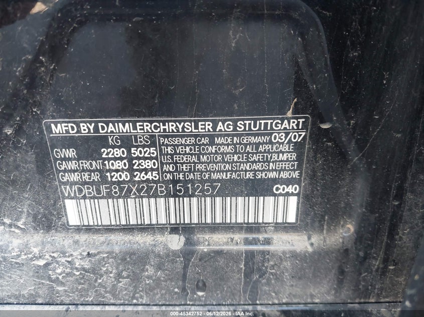 2007 Mercedes-benz E-class VIN WDBUF87X27B151257 IAAI salvage auction — REAR END, Prior Salvage (Minnesota), sold $375 on 2026-08-17 (photo 9)