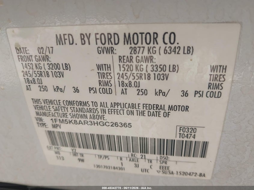 2017 Ford VIN 1FM5K8AR3HGC26365 IAAI salvage auction — REAR END, Salvage (Massachusetts), sold $1,050 on 2026-07-20 (photo 9)