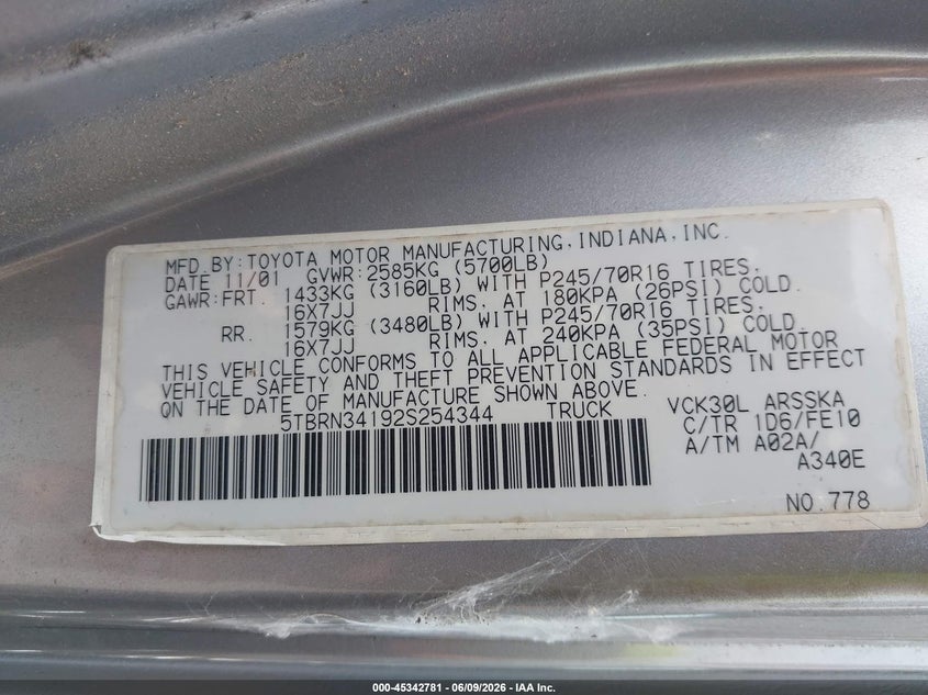 2002 Toyota Tundra VIN 5TBRN34192S254344 IAAI salvage auction — NORMAL WEAR, Clear (North Carolina), sold $1,250 on 2026-07-22 (photo 9)