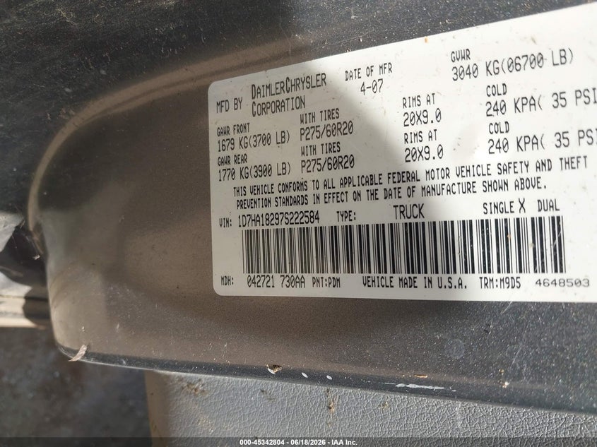 2007 Dodge Ram 1500 VIN 1D7HA18297S222584 IAAI salvage auction — LEFT SIDE, Original (Texas), sold $600 on 2026-07-09 (photo 9)