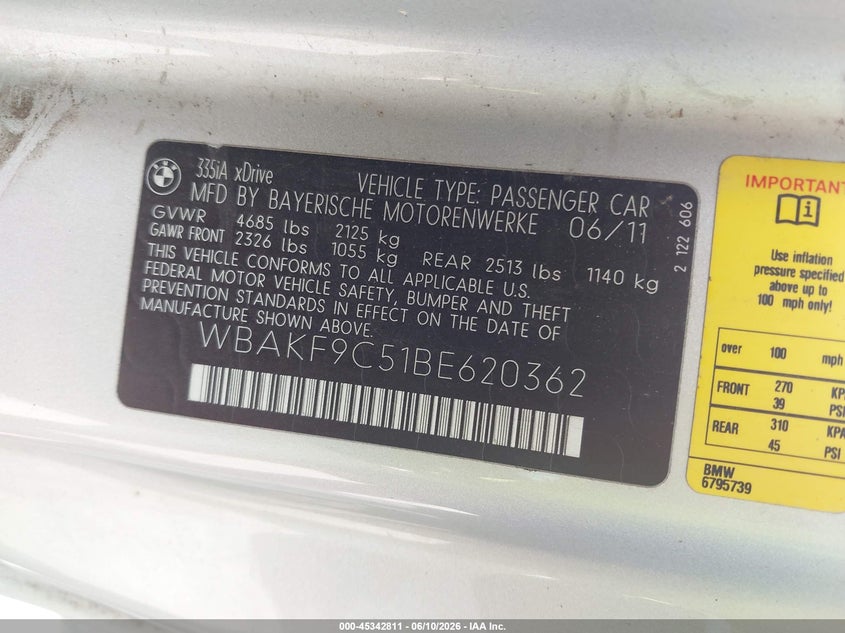 2011 BMW 3 series VIN WBAKF9C51BE620362 IAAI salvage auction — NORMAL WEAR, Clear (Illinois), sold $475 on 2026-07-20 (photo 9)