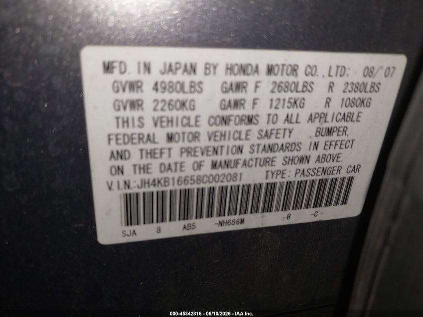 2008 Acura Rl VIN JH4KB16658C002081 IAAI salvage auction — FRONT END, Salvage (Arizona), sold $500 on 2026-07-14 (photo 9)