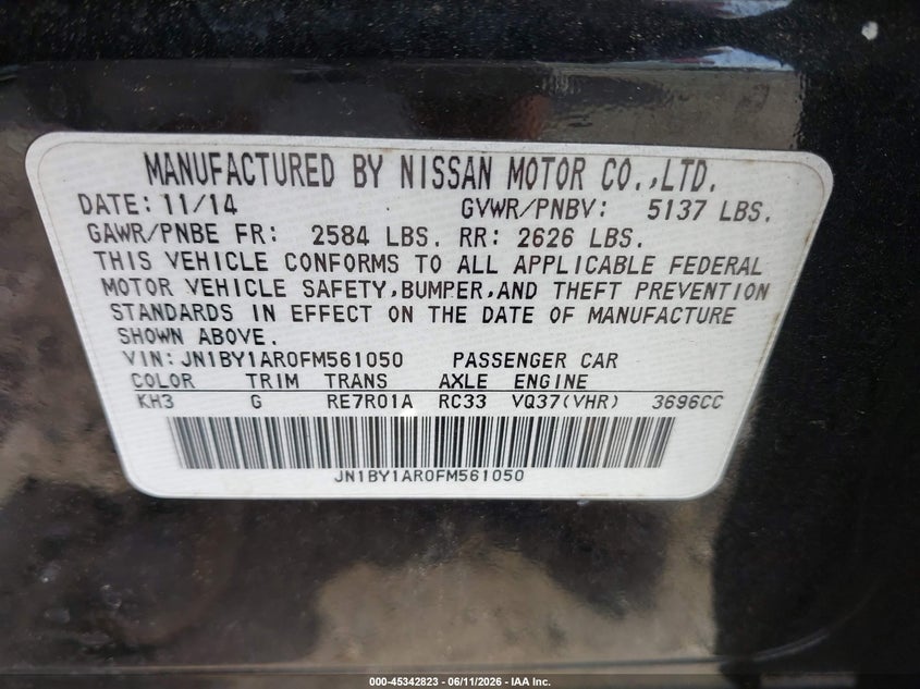 2015 Infiniti Q70 VIN JN1BY1AR0FM561050 IAAI salvage auction — VANDALISM, Salvage Title, sold $1,700 on 2026-07-24 (photo 9)