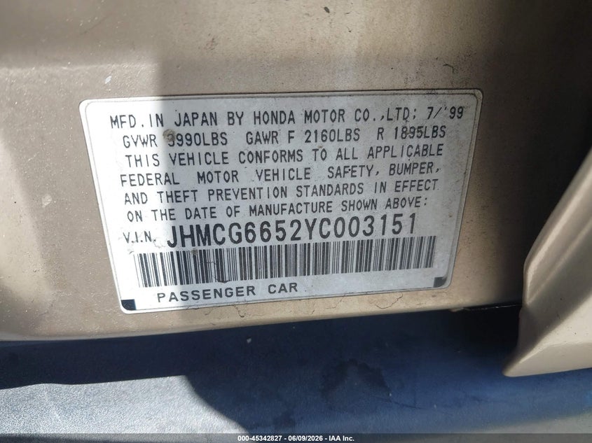 2000 Honda Accord VIN JHMCG6652YC003151 IAAI salvage auction — FRONT END, Salvage (California), sold $375 on 2026-07-22 (photo 9)