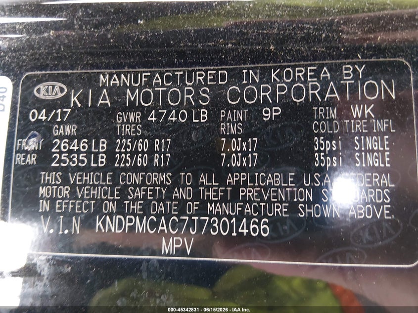 2018 Kia Sportage VIN KNDPMCAC7J7301466 IAAI salvage auction — NORMAL WEAR, Original (Alaska), sold $1,025 on 2026-07-17 (photo 9)