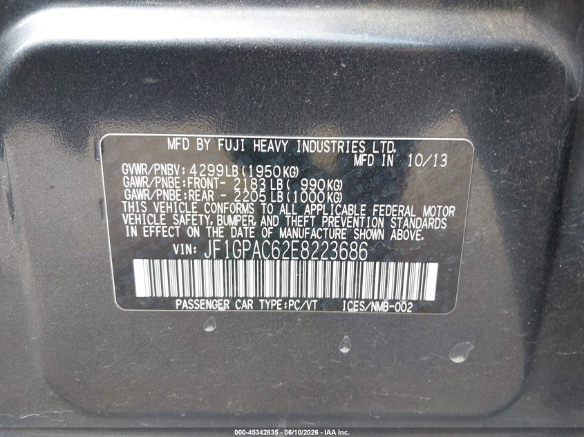 2014 Subaru Impreza VIN JF1GPAC62E8223686 IAAI salvage auction — FRONT END, Salvage (New Jersey), sold $25 on 2026-07-28 (photo 9)