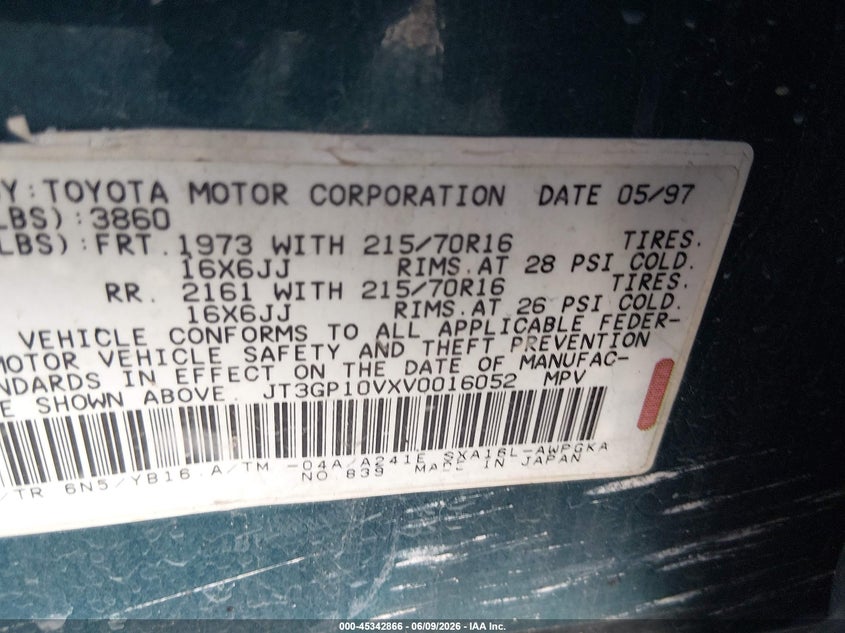 1997 Toyota Rav4 VIN JT3GP10VXV0016052 IAAI salvage auction — NORMAL WEAR, Clear (Nevada), sold $375 on 2026-07-17 (photo 9)