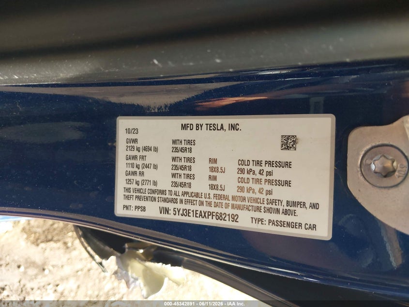 2023 Tesla Model 3 VIN 5YJ3E1EAXPF682192 IAAI salvage auction — LEFT SIDE, Salvage (Ohio), sold $7,200 on 2026-07-30 (photo 9)