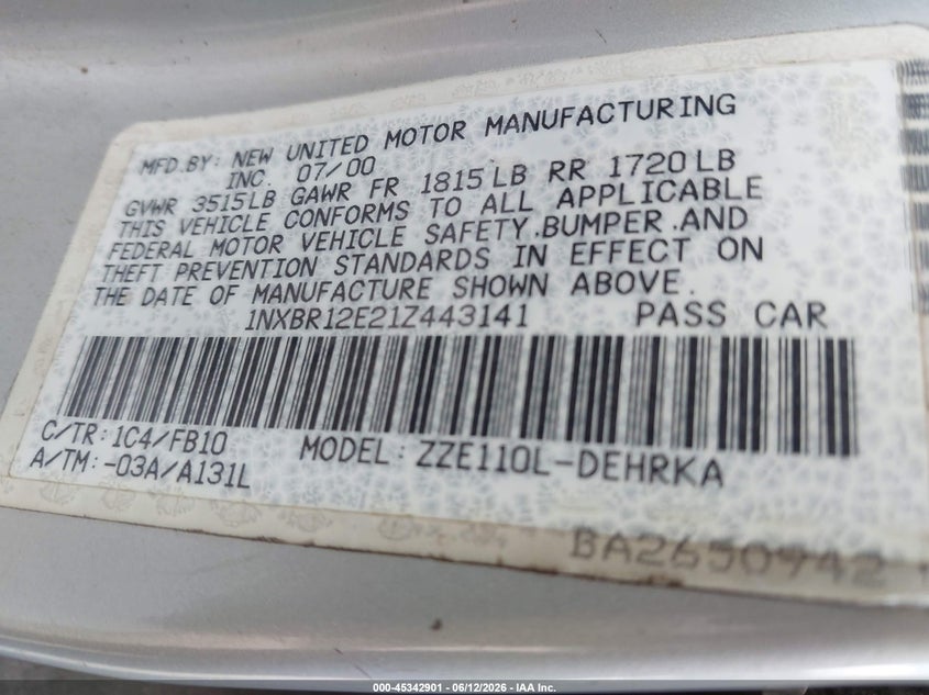 2001 Toyota Corolla VIN 1NXBR12E21Z443141 IAAI salvage auction — FRONT END, Clear (Florida), sold $225 on 2026-07-22 (photo 9)