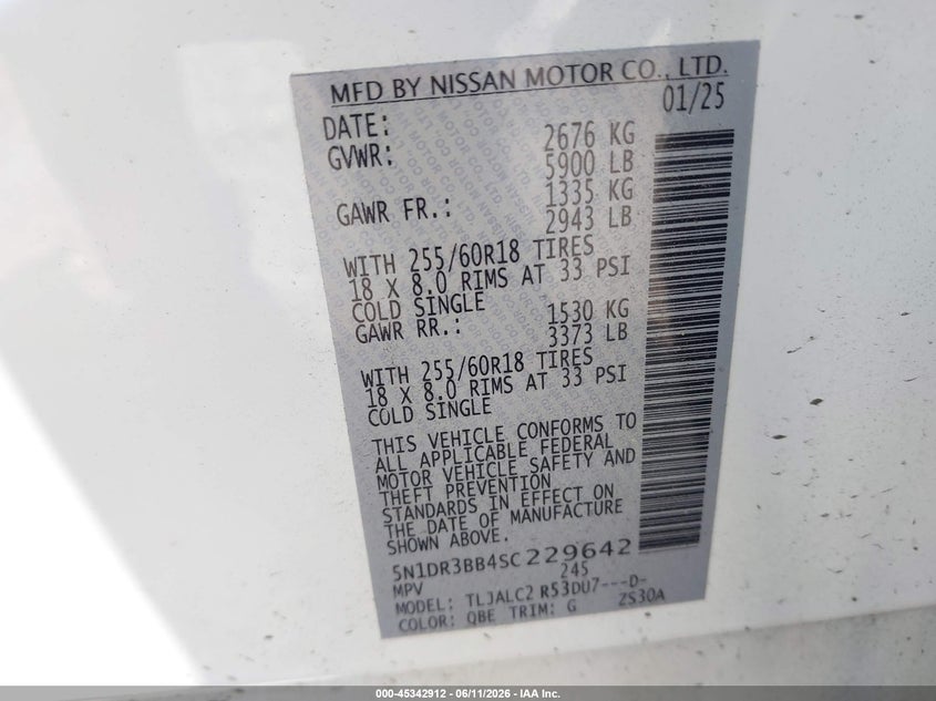 2025 Nissan Pathfinder VIN 5N1DR3BB4SC229642 IAAI salvage auction — SIDE, Salvage (Georgia), sold $12,400 on 2026-07-26 (photo 9)