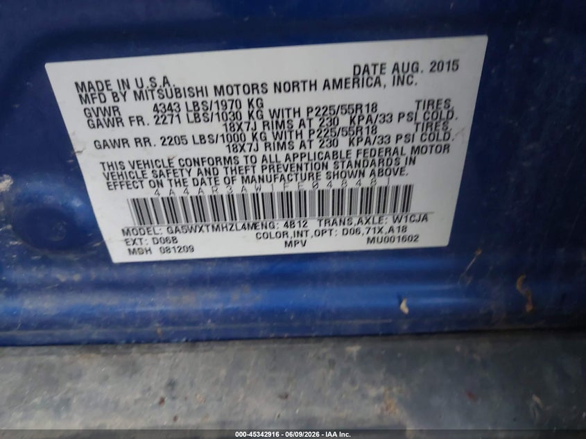 2015 Mitsubishi Outlander VIN 4A4AR3AW1FE048481 IAAI salvage auction — NORMAL WEAR, Salvage Title, sold $650 on 2026-07-22 (photo 9)
