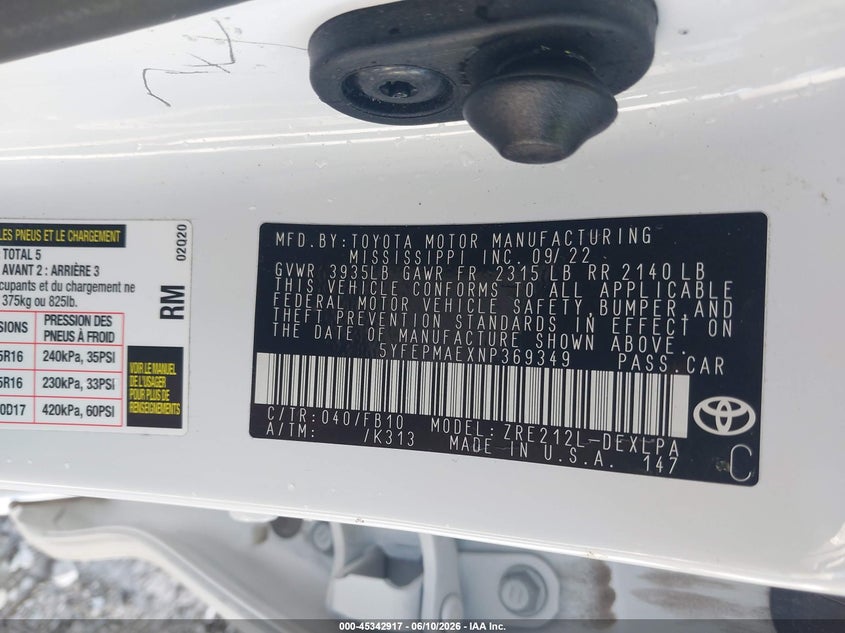 2022 Toyota Corolla VIN 5YFEPMAEXNP369349 IAAI salvage auction — FRONT END, Salvage (Arkansas), sold $2,750 on 2026-07-17 (photo 9)