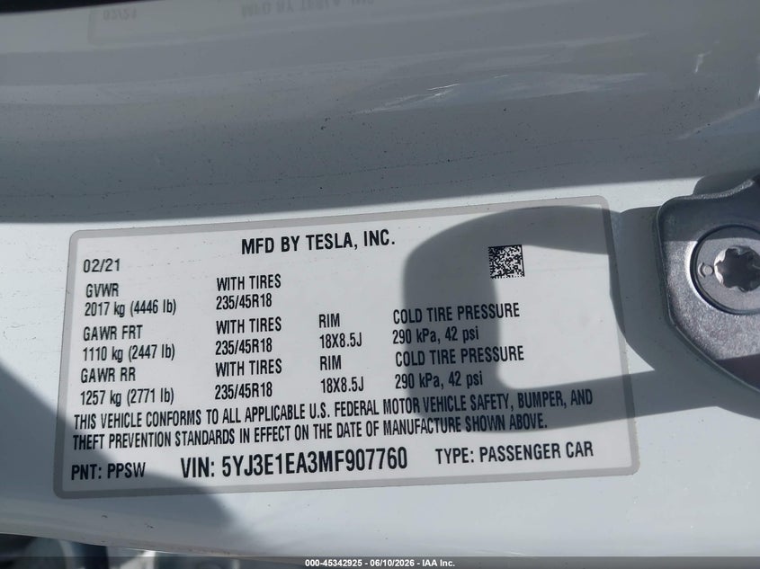 2021 Tesla Model 3 VIN 5YJ3E1EA3MF907760 IAAI salvage auction — FRONT END, Original (Texas), sold $6,200 on 2026-07-11 (photo 9)