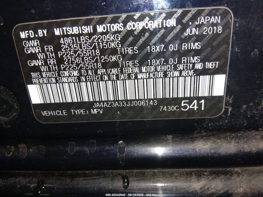 2018 Mitsubishi Outlander VIN JA4AZ3A33JJ006143 IAAI salvage auction — FRONT END, Salvage Title, sold $2,000 on 2026-07-17 (photo 9)