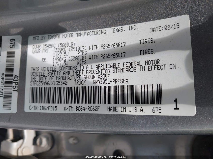 2018 Toyota Tacoma VIN 5TFCZ5AN6JX135342 IAAI salvage auction — FRONT END, Salvage Title, sold $8,200 on 2026-07-24 (photo 9)