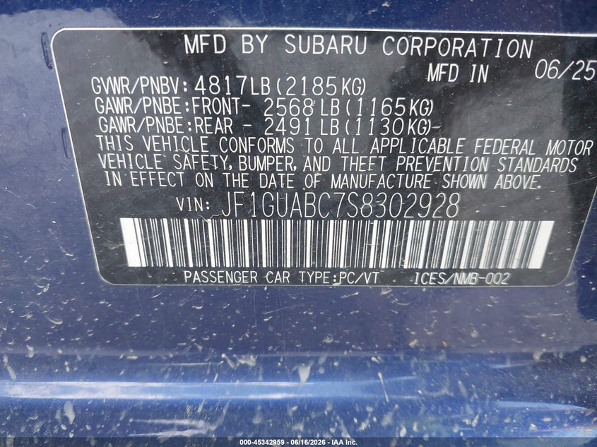 2025 Subaru Impreza VIN JF1GUABC7S8302928 IAAI salvage auction — ALL OVER, Wait Title, sold $2,425 on 2026-09-11 (photo 9)