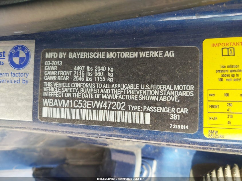 2014 BMW X1 VIN WBAVM1C53EVW47202 IAAI salvage auction — NORMAL WEAR, Clear - Public Restricted (Oklahoma), sold $325 on 2026-07-08 (photo 9)