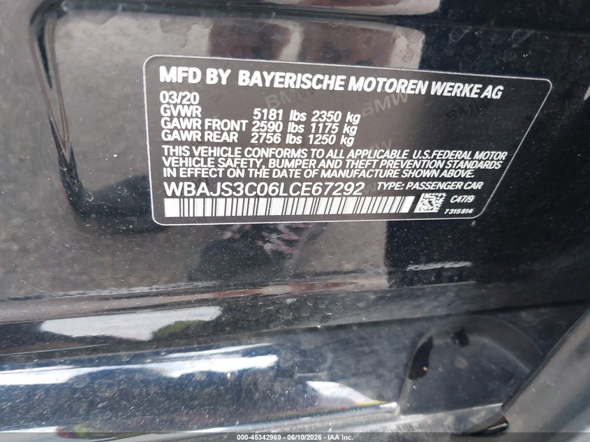 2020 BMW 5er VIN WBAJS3C06LCE67292 IAAI salvage auction — SIDE, Salvage (Minnesota), sold $16,200 on 2026-07-31 (photo 9)