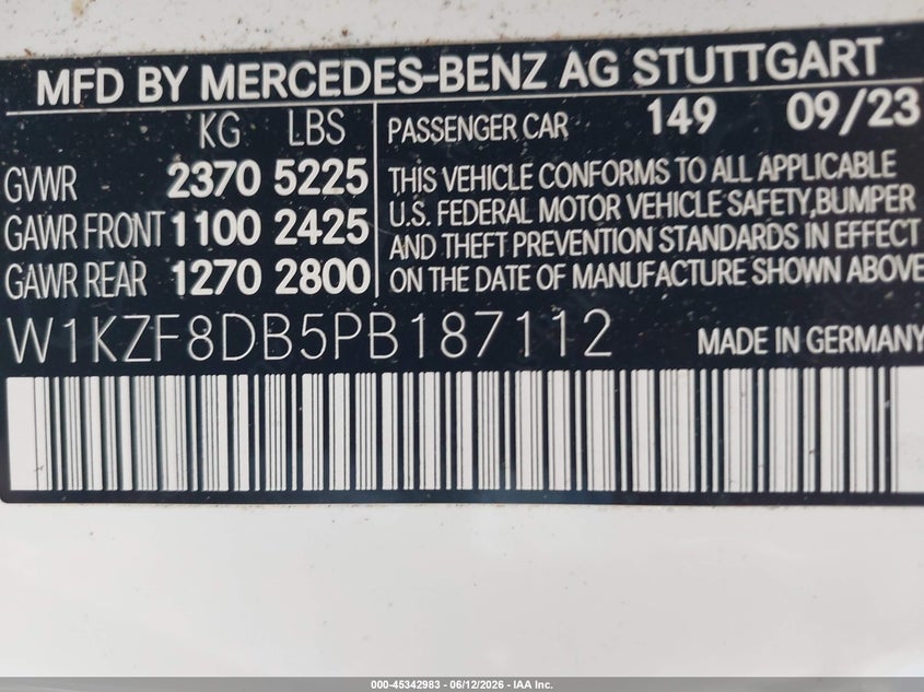 2023 Mercedes-benz E-klasse VIN W1KZF8DB5PB187112 IAAI salvage auction — REAR END, Salvage (California), sold $25,950 on 2026-07-29 (photo 9)