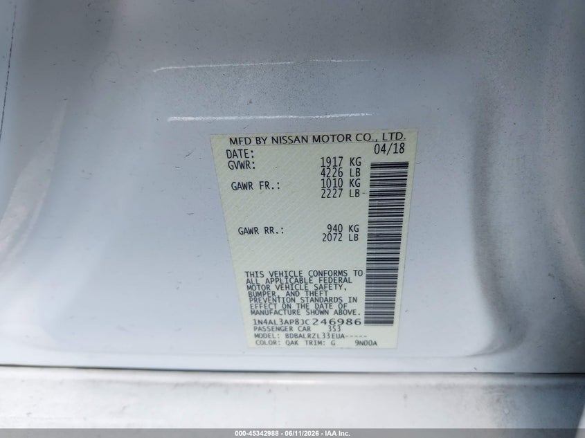 2018 Nissan Altima VIN 1N4AL3AP8JC246986 IAAI salvage auction — FRONT END, Rebuildable (Florida), sold $1,200 on 2026-07-24 (photo 9)