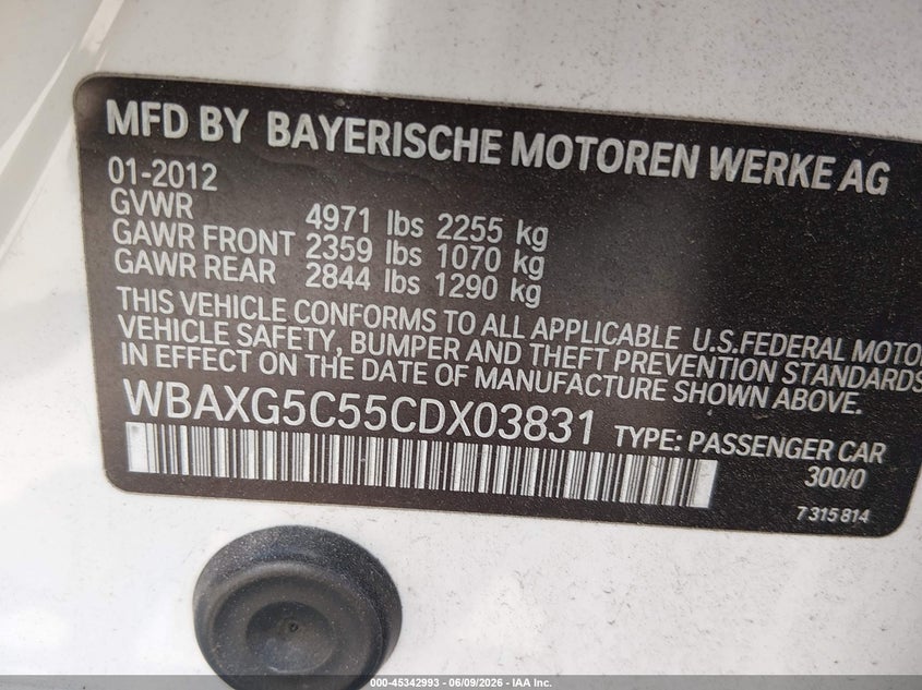 2012 BMW 5er VIN WBAXG5C55CDX03831 IAAI salvage auction — NORMAL WEAR, Salvage Title, sold $1,650 on 2026-07-08 (photo 9)