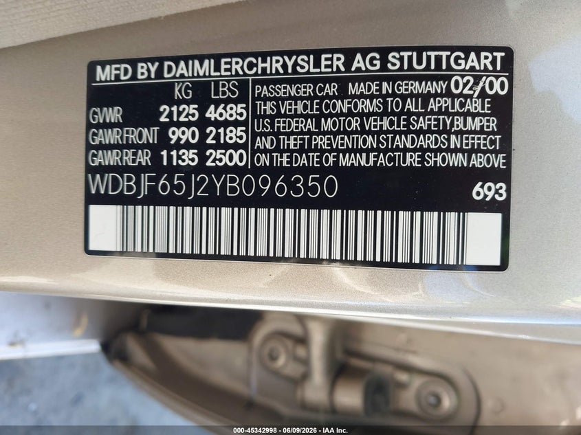 2000 Mercedes-benz E-klasse VIN WDBJF65J2YB096350 IAAI salvage auction — NORMAL WEAR, Clear - Dealer Only (California), sold $375 on 2026-07-09 (photo 9)