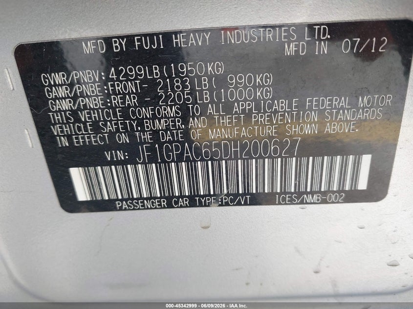 2013 Subaru Impreza VIN JF1GPAC65DH200627 IAAI salvage auction — NORMAL WEAR, Salvage Title, sold $600 on 2026-07-28 (photo 9)