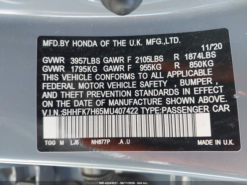 2021 Honda Civic VIN SHHFK7H65MU407422 IAAI salvage auction — FRONT END, Salvage Title, sold $4,100 on 2026-07-21 (photo 9)