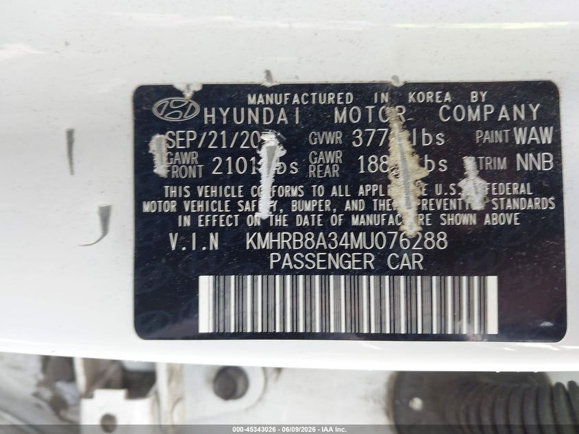 2021 Hyundai Venue VIN KMHRB8A34MU076288 IAAI salvage auction — NORMAL WEAR, Salvage Title, sold $2,050 on 2026-07-15 (photo 9)