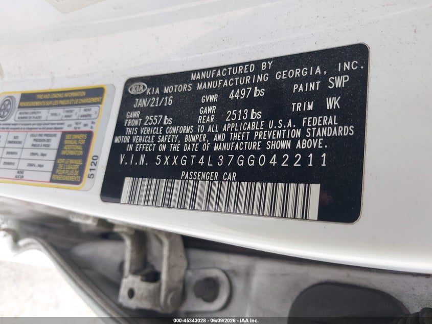 2016 Kia Optima VIN 5XXGT4L37GG042211 IAAI salvage auction — FRONT END, Rebuildable (Florida), sold $800 on 2026-07-07 (photo 9)
