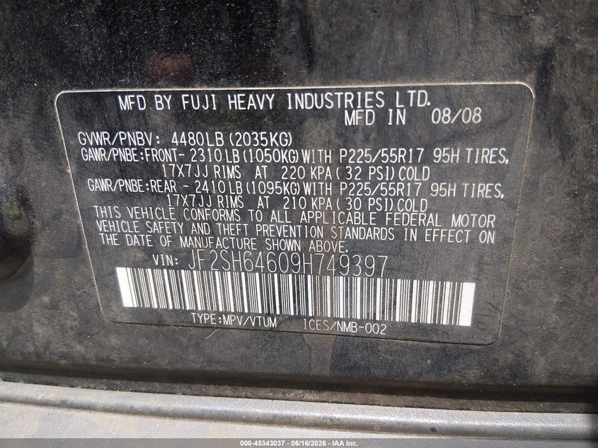 2009 Subaru Forester VIN JF2SH64609H749397 IAAI salvage auction — UNKNOWN, Clear (Virginia), sold $550 on 2026-07-14 (photo 9)
