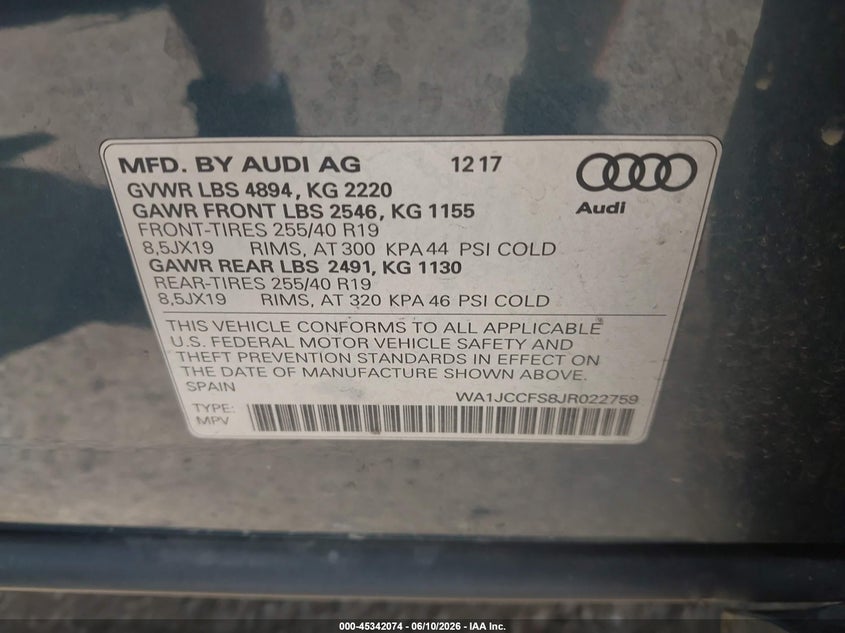 2018 Audi Q3 VIN WA1JCCFS8JR022759 IAAI salvage auction — FRONT END, Salvage (Louisiana), sold $750 on 2026-07-28 (photo 9)