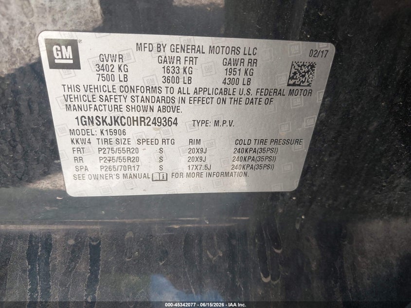 2017 Chevrolet Suburban VIN 1GNSKJKC0HR249364 IAAI salvage auction — RIGHT FRONT, Clear (Wisconsin), sold $5,175 on 2026-07-23 (photo 9)