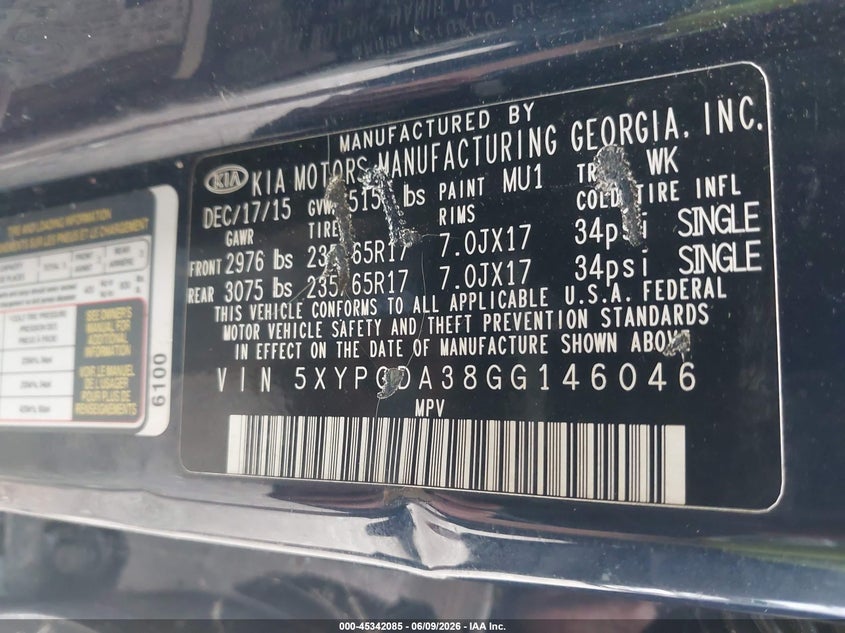 2016 Kia Sorento VIN 5XYPGDA38GG146046 IAAI salvage auction — NORMAL WEAR, Clear (Indiana), sold $1,200 on 2026-07-15 (photo 9)