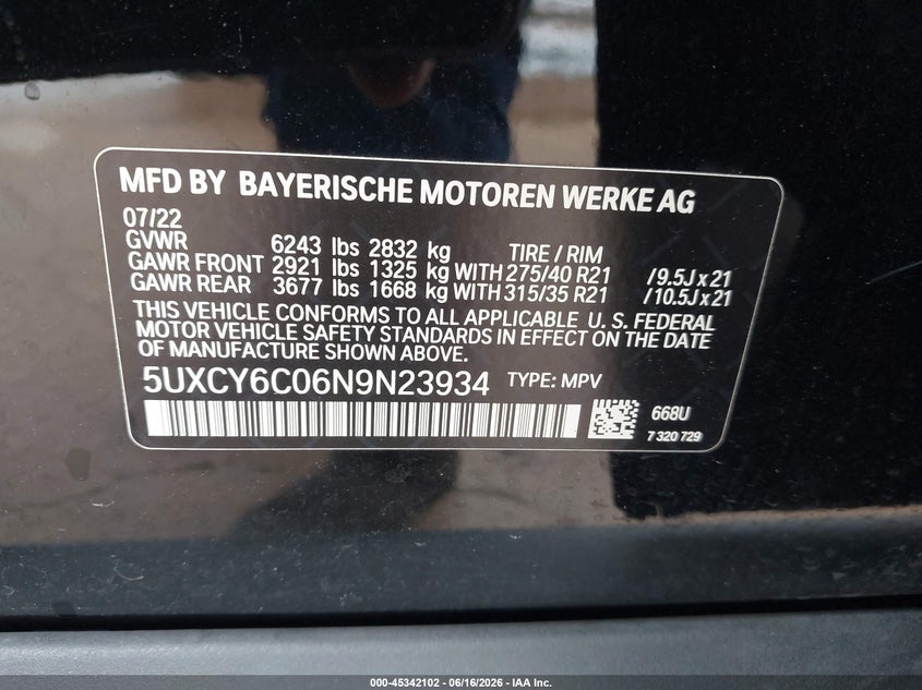 2022 BMW X6 VIN 5UXCY6C06N9N23934 IAAI salvage auction — WATER/FLOOD, Salvage (Texas), sold $26,250 on 2026-07-09 (photo 9)